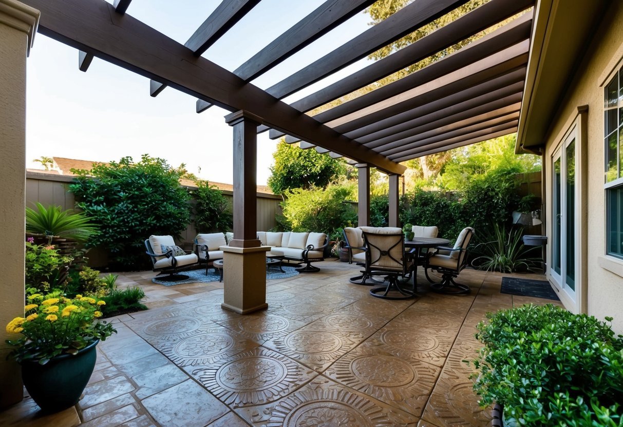 A serene backyard patio with intricate stamped concrete in Stockton, CA. A pergola provides shade over a cozy seating area surrounded by lush greenery