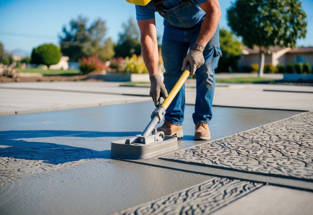 A concrete contractor pouring and smoothing out stamped concrete in Stockton, CA. The contractor uses specialized tools to create a decorative pattern on the surface