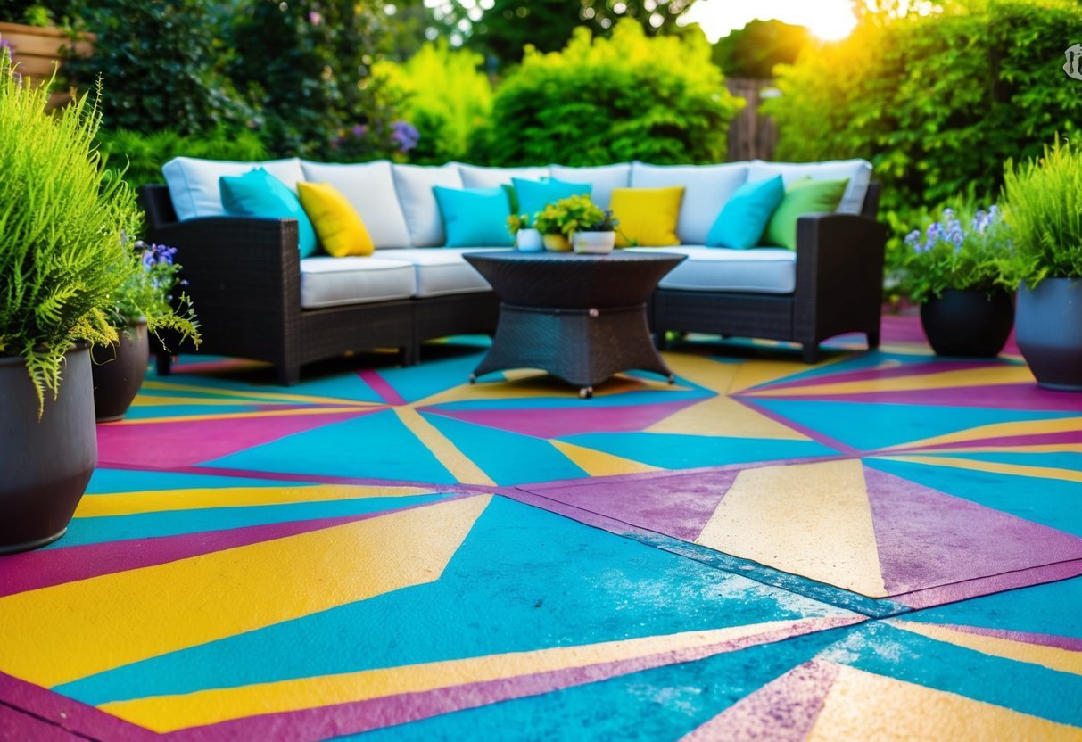A colorful patterned concrete patio with geometric designs and vibrant colors, surrounded by lush greenery and outdoor furniture