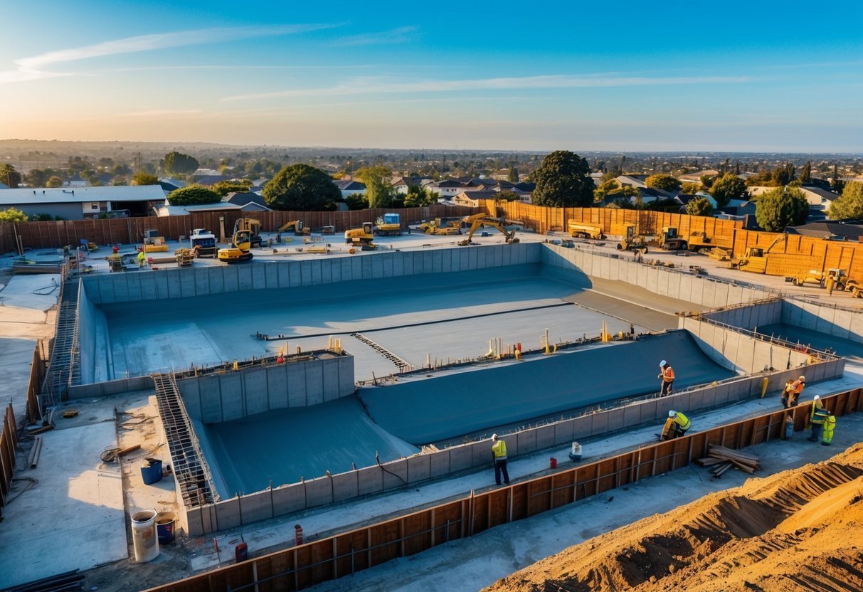 A construction site in Stockton, CA with concrete foundations being poured and smoothed by workers