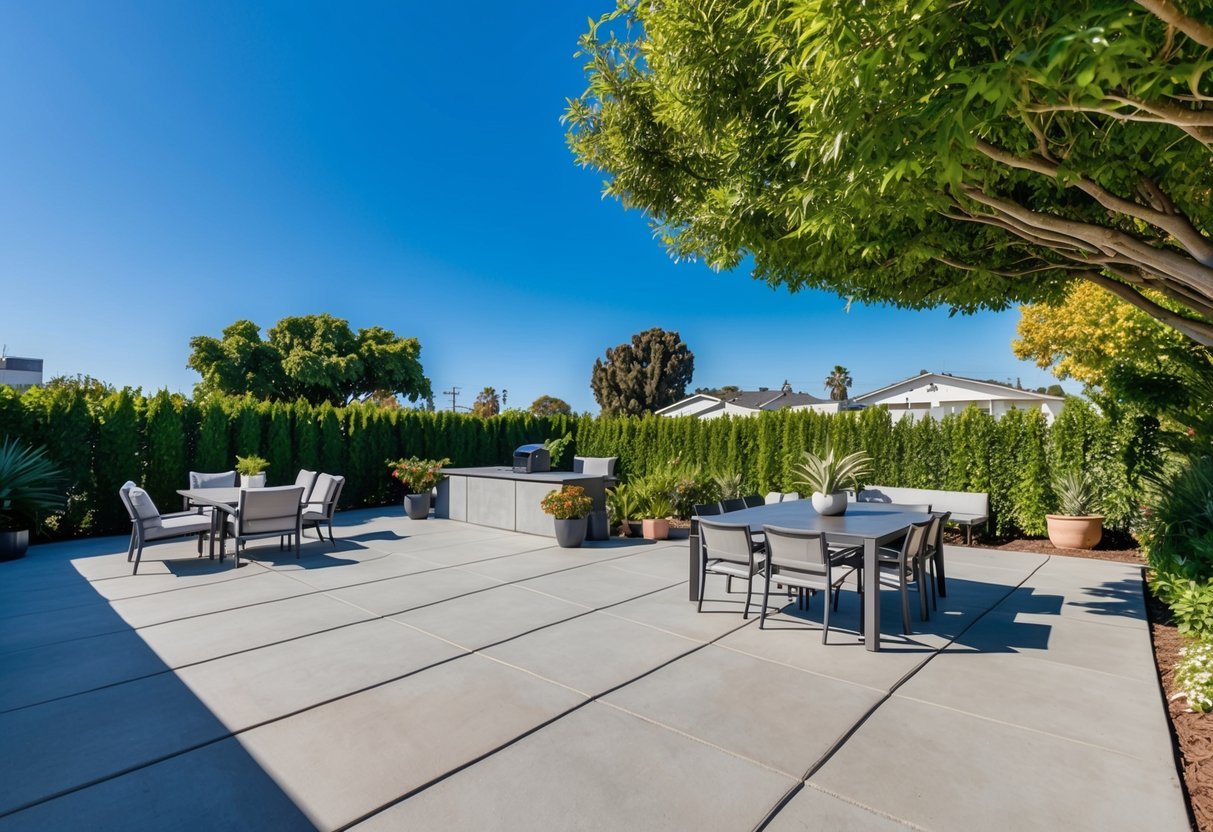 A spacious concrete patio in Stockton, CA, with modern furniture and potted plants, surrounded by lush greenery and a clear blue sky