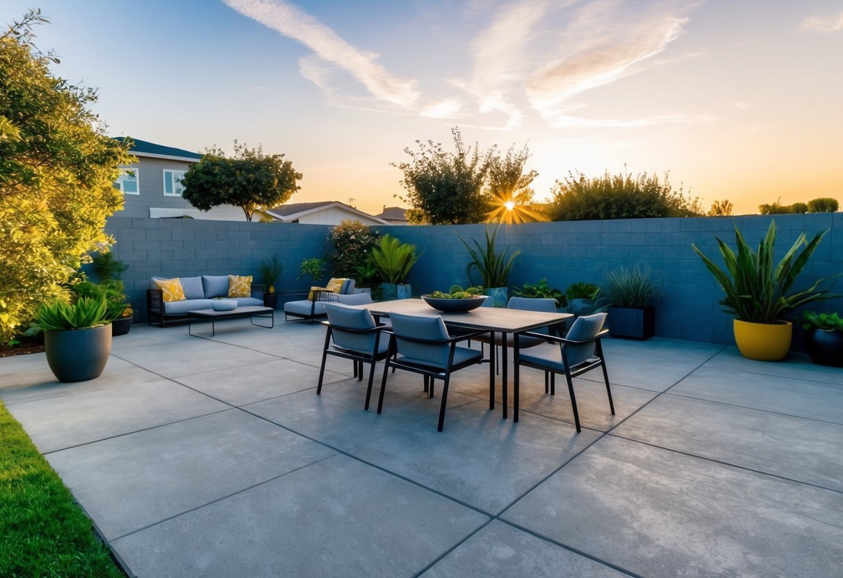 A spacious concrete patio with modern furniture and potted plants, surrounded by a well-maintained garden in Stockton, CA