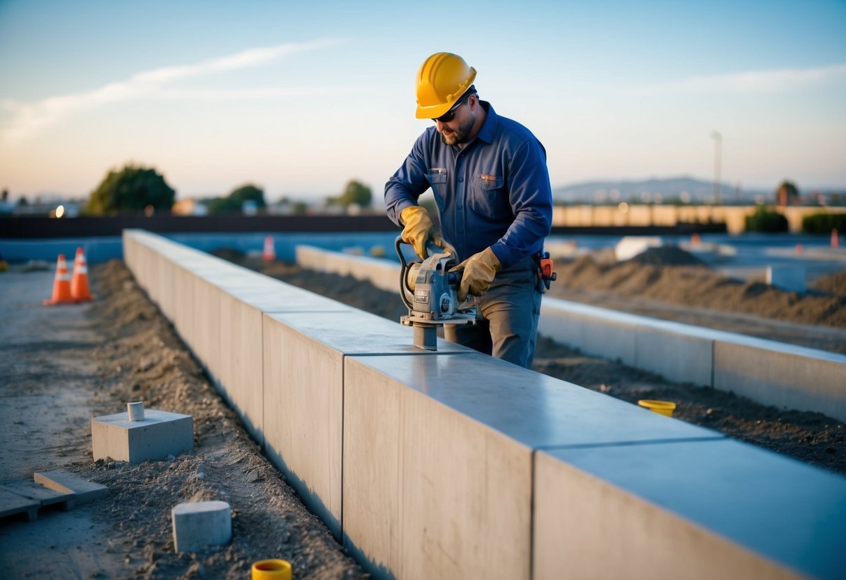 A construction worker installs a concrete retaining wall in Stockton, CA, using heavy machinery and precision tools